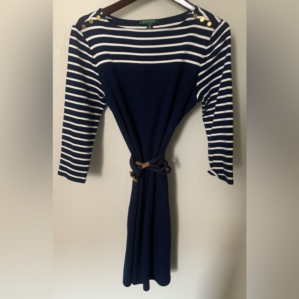 Ralph Lauren dress Large womens blue and white with gold embellishments